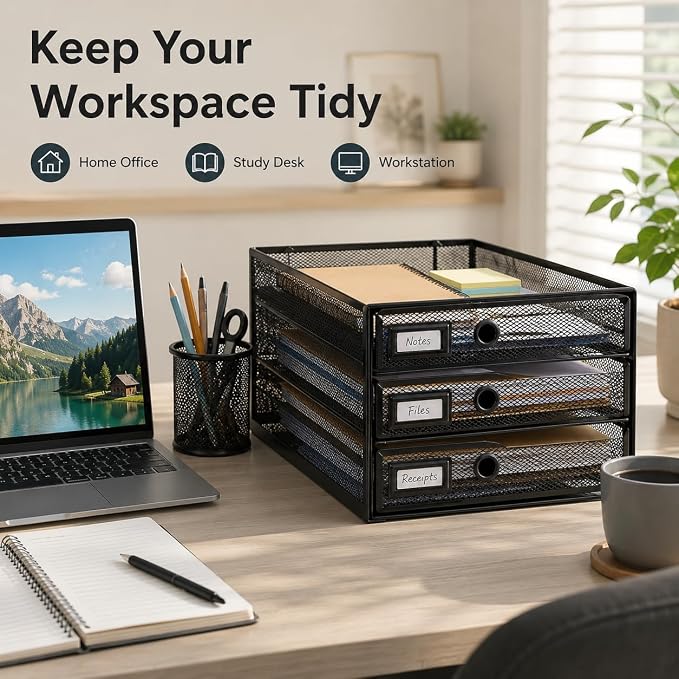 EXERZ Paper Sorter 3 Tier Drawers A4 / Multifunctional Desk Organiser/Letter Tray - Documents, Magazines, Notebooks and Letters | Pull Out Metal Mesh Drawers For A4 Documents Magazines Notebooks And Letters Space Saving Storage For Office Home Study - Image 6