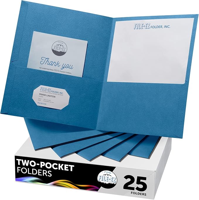 FILE-EZ Two-Pocket Folders, Light Blue, 25-Pack, Textured Paper, Letter Size (EZ-32520) by FILE-EZ