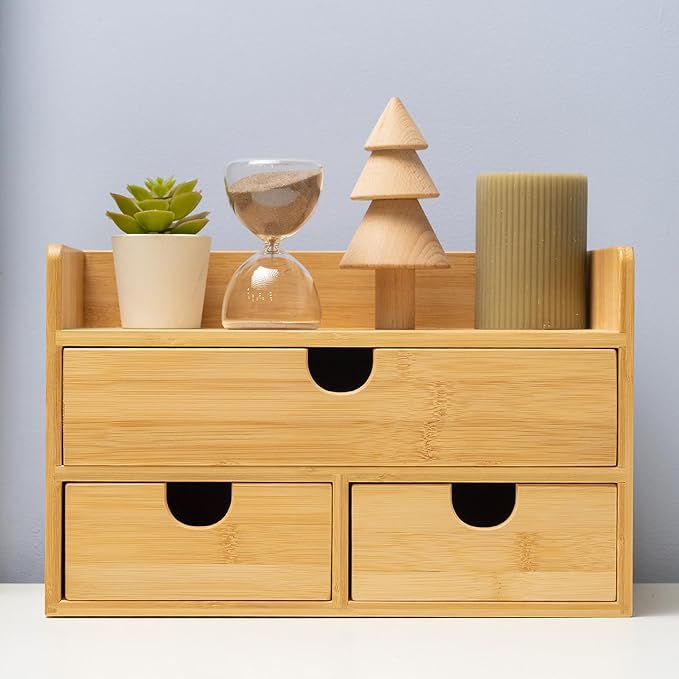 MEEDEN Bamboo Desk Organizer with Drawers: Desktop Storage Container with Shelf - Tabletop Storage Organization Box for Office Home Toiletries Supplies - Image 8