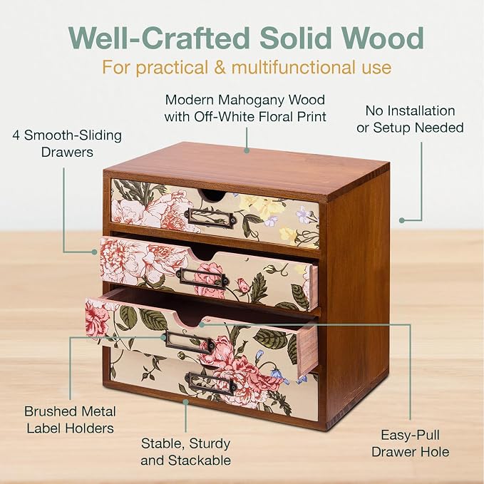 4-Drawer Vintage Desk Organizer with Jacobean Pattern Pastel Flowers Curio Drawer Dresser, Closet, Tabletop - Embroidery Reel Shelf Wood Desktop Organizing Cabinet - Victorian Floral Design - Image 8
