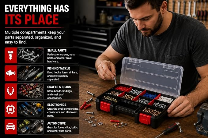 Compact Parts Organizer Box – Small Hardware Storage Case with 9 Compartments & 5 Dividers – Durable Nylon Screw, Bolt, Craft Organizer for Toolbox, Drawer, or Garage Use - Image 5