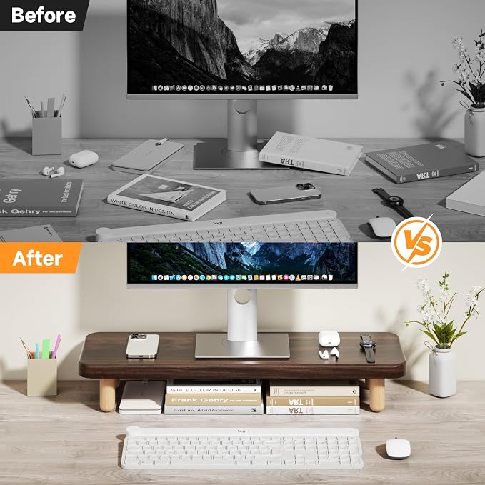 Monitor Stand Riser, 24 Inch Wood Desk Organizer with Monitor Stand & Storage Computer Monitor and Laptop Riser Multifunctional Laptop Stand Desk Organizer for Office Home Screen/Laptop/PC (Dark Walnut) - Image 7