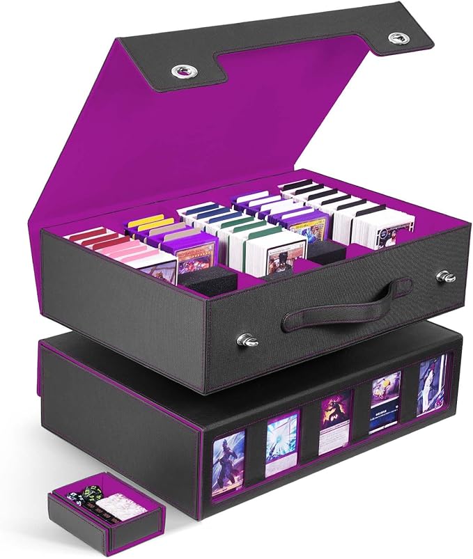 ZLCA Trading Card Storage Box 5-Row with Handle, MTG Storage Box | Holds 3900+ Cards with Commander Display, Top Loaders Organizer Case for TCG PTCG Sport Card(Black&Purple) by ZLCA