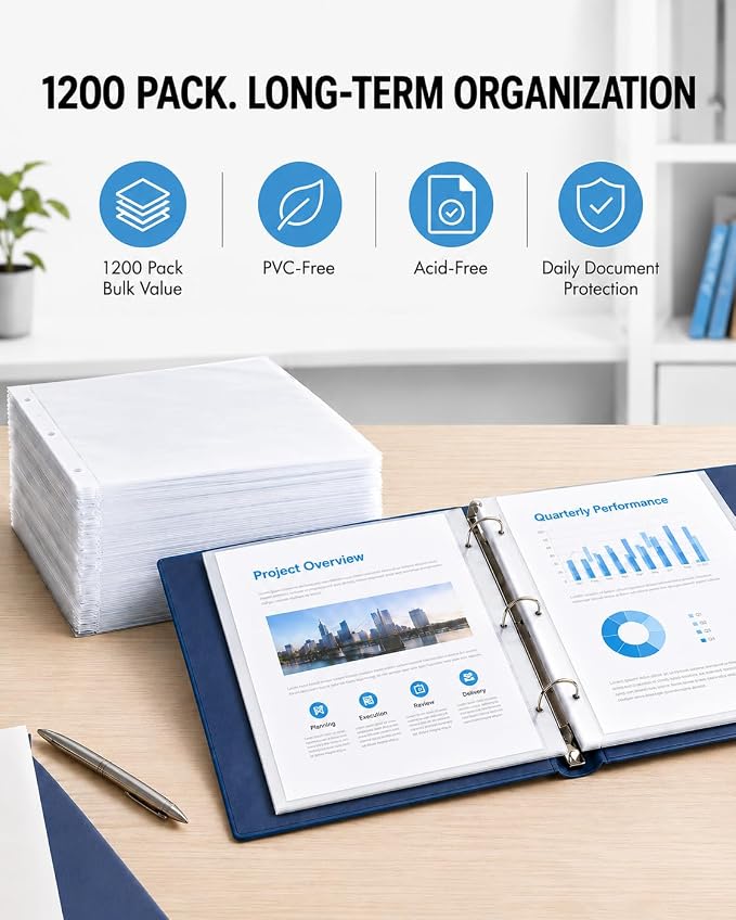 KTRIO Sheet Protectors for 3 Ring Binder 1200 Pack Plastic Sleeves 8.5 x 11 | Clear Page Protectors, Acid-Free Plastic, Fits Letter Size Paper Documents, Top Loading, Business Office School Supplies - Image 8