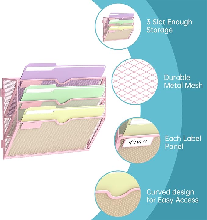3 Tier Wall File Organizer, Hanging Wall Mounted Mail Organizer with Label Slots, Metal Mesh File Holder Magazine Rack for Office, Home, School, Pink - Image 3