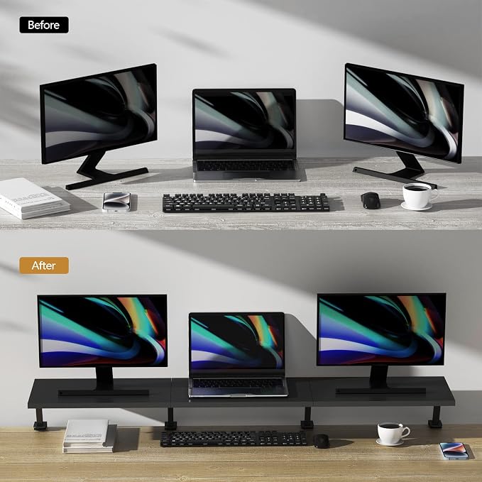 Extra-Large 45-Inch Wood Clamp On Desk Monitor Shelf with Spacious Storage Space - Fits 60-inch or Dual 32-inch Screens, C-Clamp Design with Rubber Pad, Max Load 44lbs - Image 5