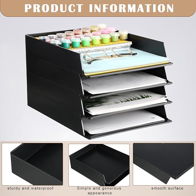12 Pcs Stackable Paper Trays Rectangular Plastic Desk Holder Desktop Document File Organizer Storage Letter for Office Classroom (Black) - Image 3
