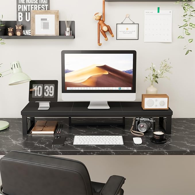 IBUYKE Large Dual Monitor Stand Riser for 2 Monitors, Wooden Desktop Computer Monitor Stand Storage Shelf and Steel Legs,Dual Screen Office Desk,Monitor Riser for Computer, Printer,Laptop,TV,Black UTDJ002B - Image 3