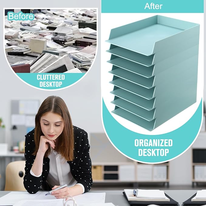 Tatuo 8 Pack Stackable Paper Trays Plastic Letter Tray Desk Organizer Paper Holder Organizer Storage Office Desk Accessories for Classroom Magazine File Documents 12.8 x 9.45 x 1.97, Blue Green - Image 3