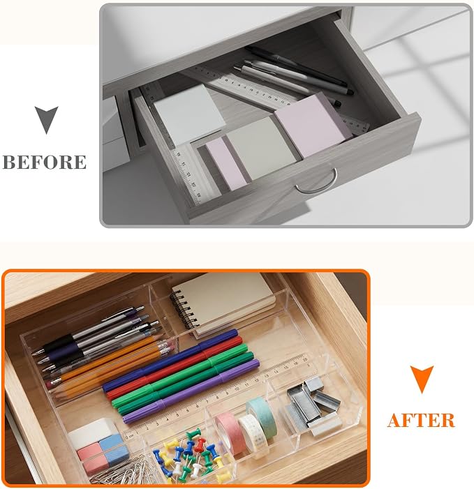 Large Acrylic Desk Deep Drawer Organizer with Adjustable Dividers, Anti-skip Clear Desk Top Junk Drawer Storage Tray for Pens, Desktop, Office, Bathroom, Kitchen, Makeup Supplies(7 Compartments) - Image 4