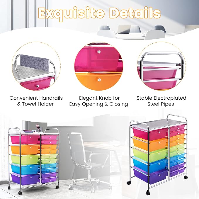 COSTWAY 15 Drawer Rolling Storage Cart, Mobile Storage Organizer | Removable Drawers & Metal Frame, Multipurpose Utility Tools Paper Organizer on Wheels for Home, Office (Rainbow) - Image 5