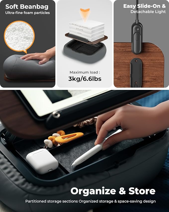 Lap Beanbag Book Stand with Storage, Adjustable Reading Pillow for Bed & Desk, Multi-Angle Book Stand Pillow Holder, Hands-Free Lap Reading Stand for Book,iPad, Tablet (Dark Wood with Light) - Image 5