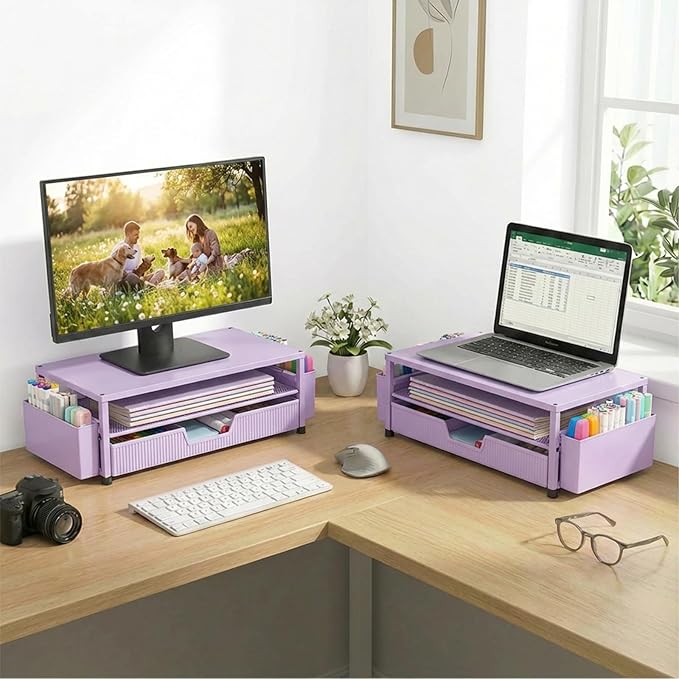ECOLOVI Desk Organizer and Accessories, 2-Tier Computer Monitor Stand Rise with Storage Drawer & 2 Pen Holders, Laptop & Printer Stand for Desktop, Workspace Organizers for Office Supplies (Purple) - Image 5