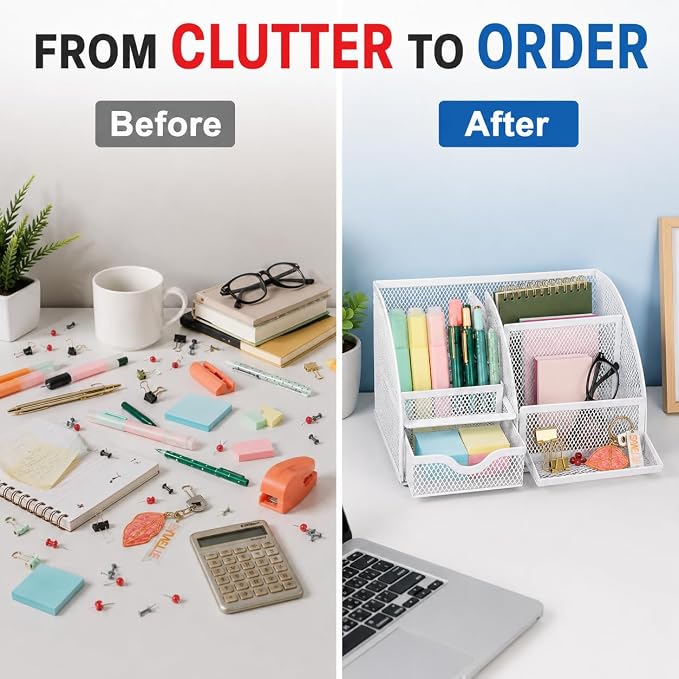 Exerz Desk Organizer 7 Compartments Metal Mesh Pen Holder Caddy White | Compact White Desktop Storage for Notes Clips Scissors Rulers Craft Tools Makeup Study and Home Use - Image 6