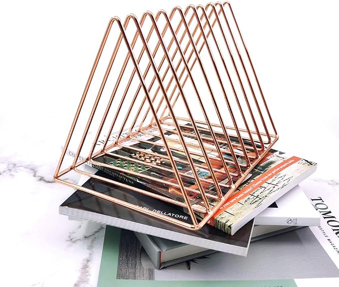 9 Slot Magazine Rack Book Record Holder, Desktop Iron Storage Rack Bookshelf Multifunction Triangle File Organizer Sorter for Decor Home Office, Rose Gold Pack of 2 - Image 3