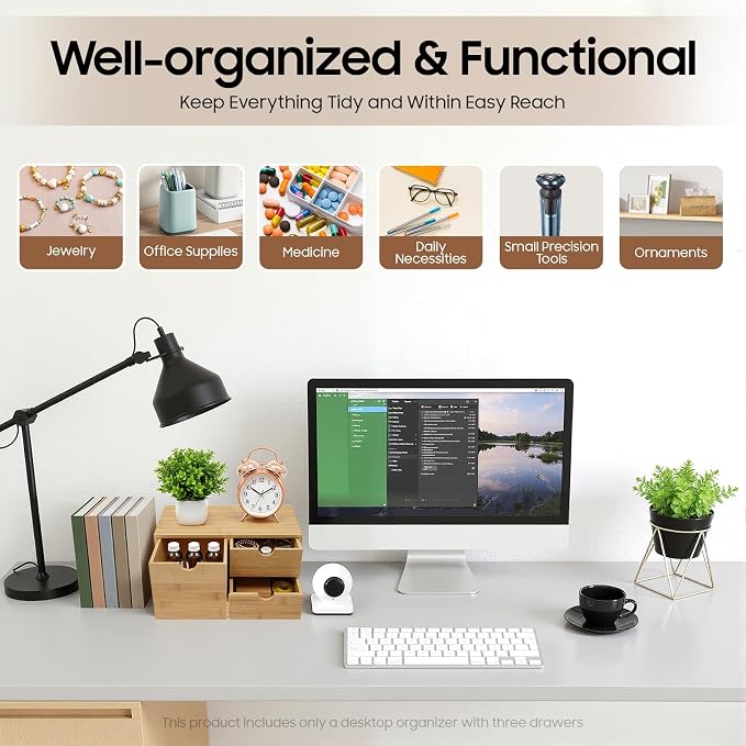 Ringmaster Bamboo Desk Organizer with 3 Drawers,Mini Desktop Organizer Drawer Tabletop Storage Organization Box for Office Home Supplies - Image 3