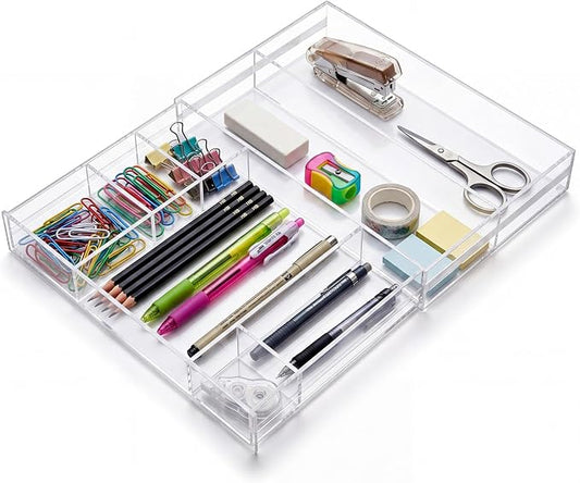 Briwooody Clear Acrylic Drawer Organizer Expandable,11 Compartments,Small | 9'' up to 18'' x 12'' x 2.1'' Desk Drawer Organizer Trays Adjustable with Desk Accessories for Makeup Office Bathroom by Briwooody