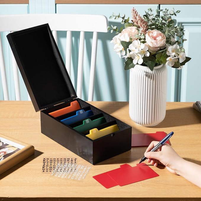 3 x 5 Inch Index Card Holder Set, Bamboo Organizer Box with 50 Dividers & 2 Sheets Alphabet Number Stickers File Note Holders, Holds 1200 Cards for Office Business Home Kitchen, Black - Image 4