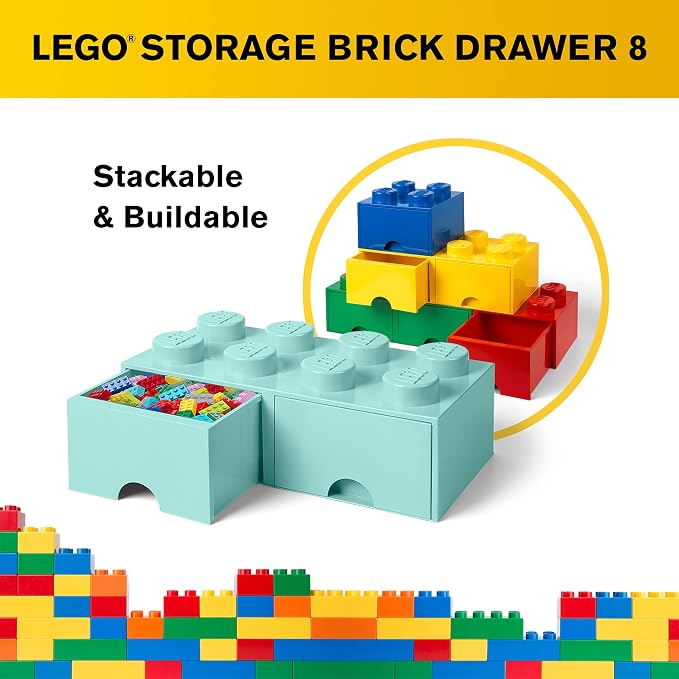 LEGO Brick Drawer, 8 Knobs, 2 Drawers, Stackable Storage Box, Aqua Mint Green | Stackable Storage Box 2 Pull-Out Drawers 8-Knob Brick Design Toy & Desk Storage Home Decor Office Kids Room - Image 7