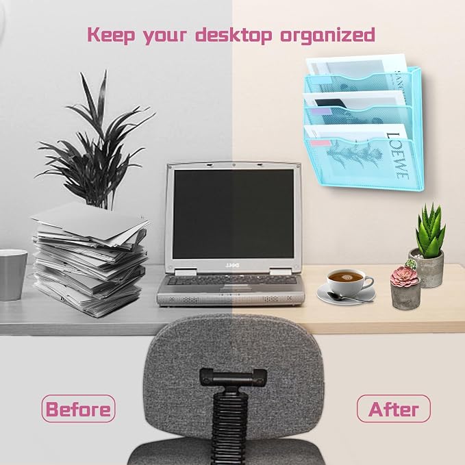 3 Pockets Mesh Wall File Holder Organizer Office Hanging File Folder Magazine Rack, Nametag Label Hooks Set Included (Blue) - Image 6