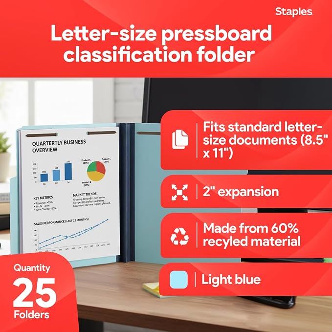 Staples® 60% Recycled Pressboard Classification Folder, 2" Expansion, Letter Size, Blue, 25/Box (ST384868/384868) - Image 2