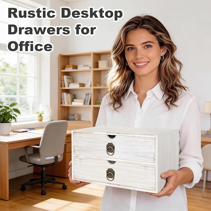 Wood Desk Organizer, White Wooden Desktop Organizer with Drawer, Tabletop Storage Organization Box for Countertop, Home Office Supplies, Bills (2 Drawer) - Image 4