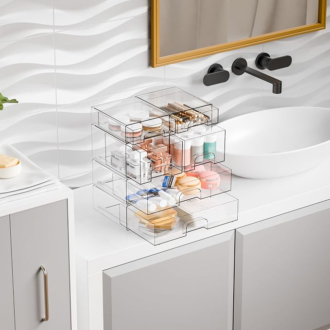 Clear Stackable Storage Drawers - Set of 6 - Acrylic Drawers,Bathroom Organizer Bin and Plastic Makeup Organizer,Clear Stacking Brightroom Storage Boxes for Vanity,Cabinet,Pantry Organization - Image 2