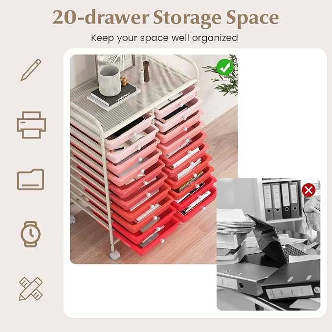 GOFLAME 20-Drawer Rolling Storage Cart, Multifunctional Art Craft Organizer, Mobile Utility Storage with Removable Drawers & Lockable Wheels, Craft Cart for Home Office School, Pink Gradient - Image 4