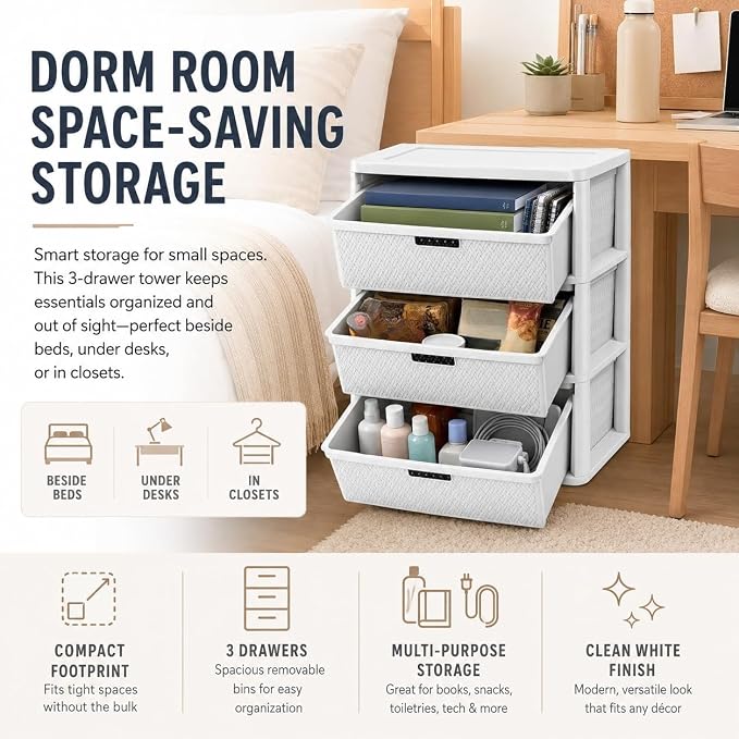 2Pack,3-Drawer Storage Tower, Wide Plastic Organizer with Removable Bins | Decorative Weave Design, Tool-Free Assembly, Removable Bins, Carry Handles, Drawer Stops, BPA-Free,White - Image 7