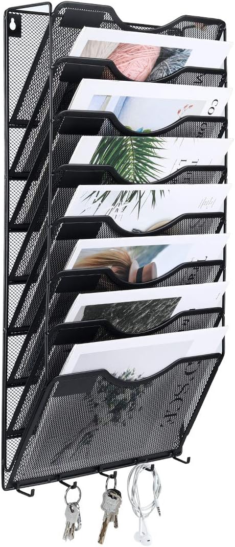 EasyPAG 8 Pocket Mesh Wall File Organizer with Key Hooks, Hanging Paper Folder Holder with Classify Label, Vertical Wall Mount Mail Organizer for Office Home Classroom, Black by EasyPAG