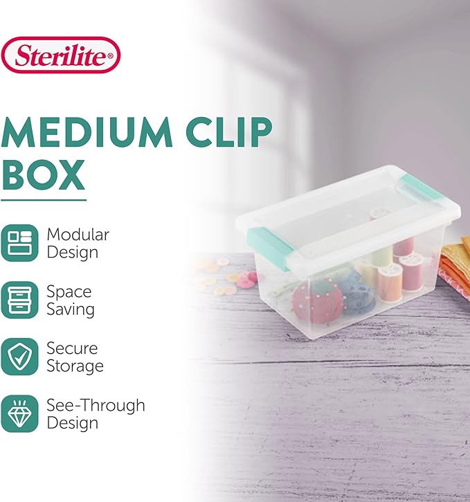 Sterilite 12-Pack Clip Box, Stackable Clear Plastic Bins with Latching Lids, Medium - Writing, Arts or Crafts Supplies Storage Containers for Home, Office, Classroom and Workshop Organization - Image 2