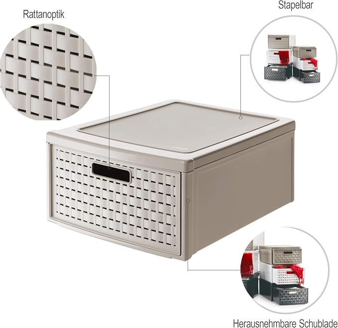 Rotho, Country, Drawer box 19.2 l in rattan-look, Plastic (PP) BPA-free, cappuccino, groß/19,2l (45,0 x 34,0 x 20,0 cm) | Large 45x34x20 cm stackable organizer for bathroom & kitchen, washable BPA-free PP material, made in Switzerland - Image 4