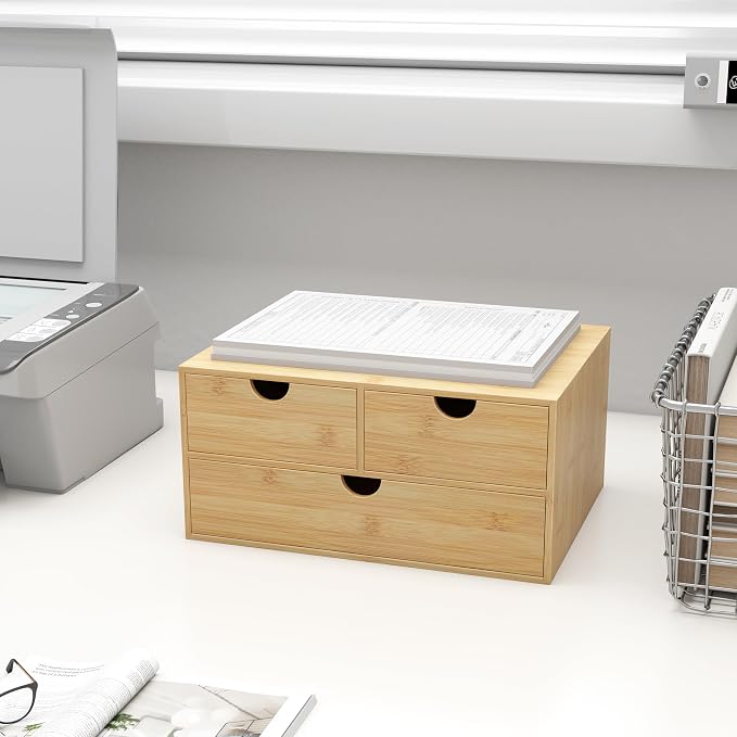 Bamboo Desk Drawer Organizer, Large Desktop Organizer with Drawers Tabletop Storage Organization Box for Office Home Toiletries Supplies Vanity, No Assembly Required (L-3 Drawers) - Image 2