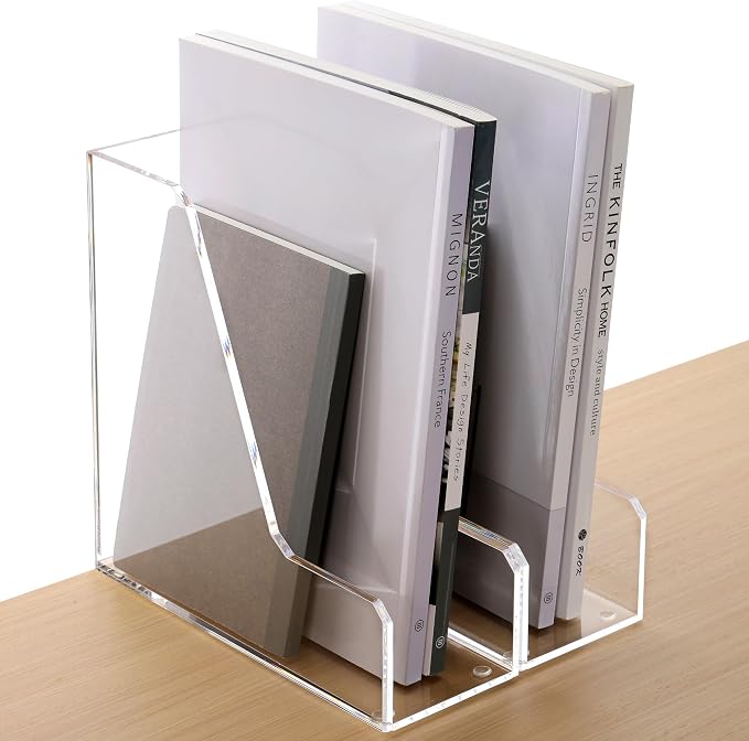 HeZone Acrylic Magazine Rack File Holder Desk Organizers and Storage 2-Pack Small Clear Acrylic Vertical Magazine Holder Book Stand for Office Desk - Image 8