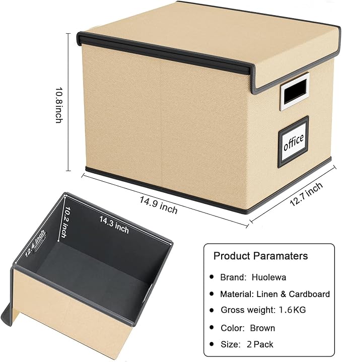 File Organizer Box with Lids, Collapsible File Folder Organizer | File Box with Plastic Slides for Office Document Storage, Filing Bin for Letter Size Hanging File Folders (2 Pack, Brown) - Image 6