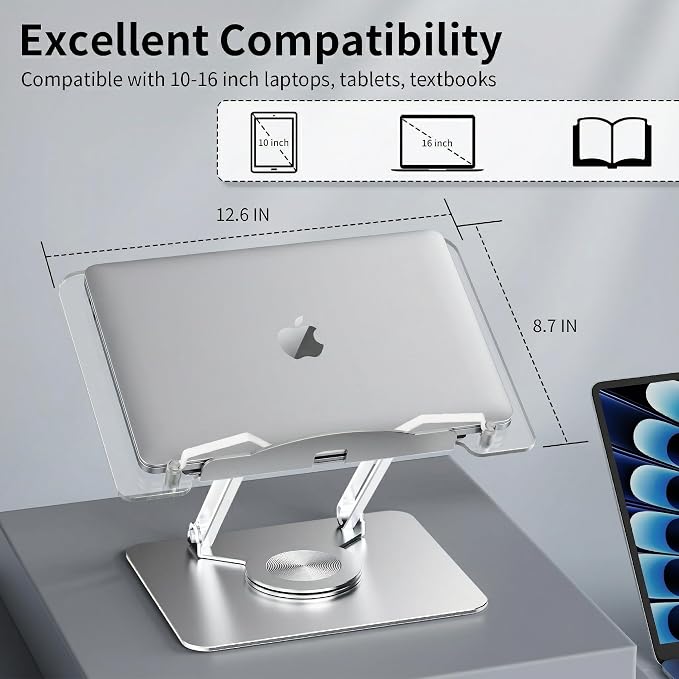 Adjustable Acrylic Laptop Stand for Desk, Ergonomic Aluminum Laptop Riser, Computer Stand for Laptop, Book Holder, for iPad, Tablets, Compatible with MacBook,Sturdy Foldable Design with Swivel Base. - Image 7