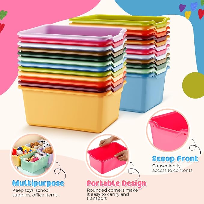 36 Pcs Plastic Book Bins for Classroom Library Colorful Scoop Front Cubby Bins Stackable Toy Storage Containers with Handles for School Home Office Nursery Daycare (Vintage Color) - Image 4