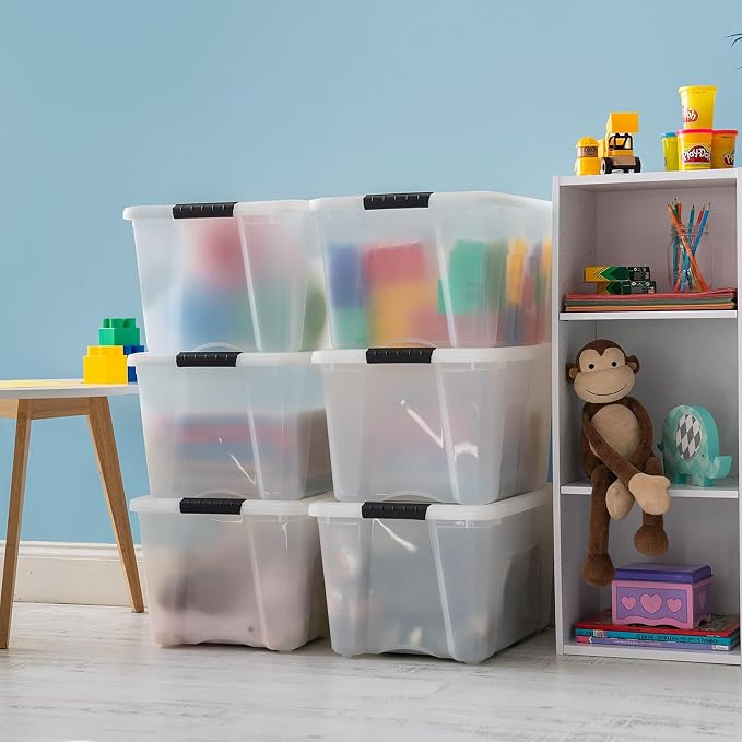 IRIS USA 6-Pack 40 Quart Storage Bins with Lids, Pearl | Conceals contents for a clean look. Perfect for moving, blankets, clothing, and garage storage. Nestable design saves space - Image 4