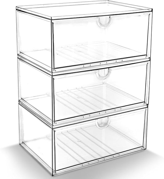 Prsildan Acrylic Makeup Organizer, 3 Pack Stackable Clear Storage Drawers for Baby Bottles Desk Organizers with 3 Drawers for Countertop Vanity Nursery Modular System for Cosmetics Jewelry by Prsildan