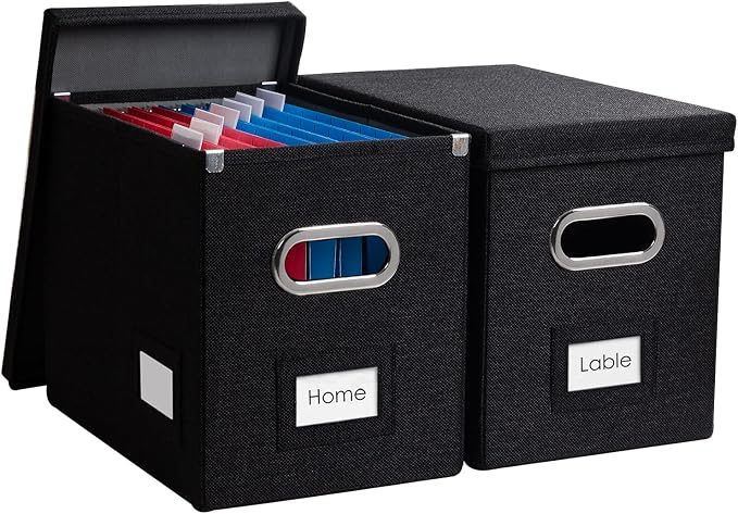 File Organizer Box - Set of 2 Collapsible Decorative Linen Filing Storage Hanging File Folders with Lids Office Cabinet Letter Size Black (14x9.3x10.8 inch) by Prandom