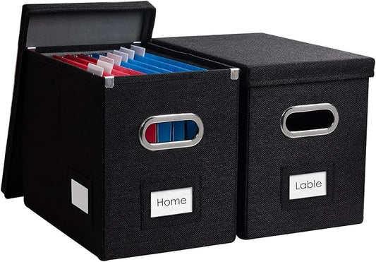 File Organizer Box - Set of 2 Collapsible Decorative Linen Filing Storage Hanging File Folders with Lids Office Cabinet Letter Size Black (14x9.3x10.8 inch) by Prandom