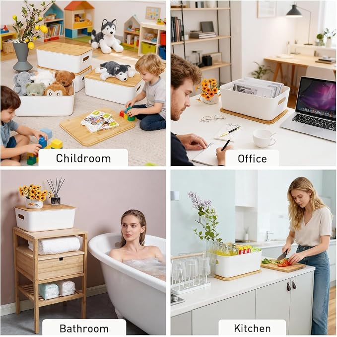 Citylife Storage Bins with Bamboo Lids 16QT Plastic Storage Containers Stackable Organizer Boxes with Handle for Desk Snacks, Toys, 4 PCS, 15" L x 10.6" W x 5.8" H - Image 7