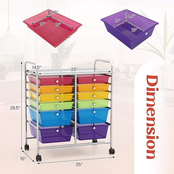 GOFLAME 12-Drawer Rolling Storage Cart, Multipurpose Organizer Cart with 2 Sizes Plastic Drawers, Mobile Utility Cart with Lockable Casters for School, Home Office, Beauty Salon, Rainbow - Image 3