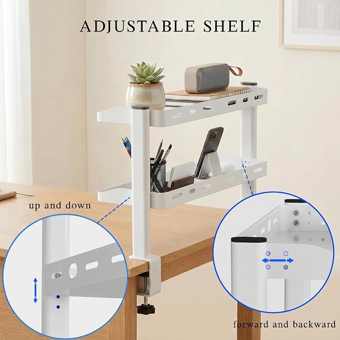 Clamp on Desk Shelf White, 2-Tier Office Desk Shelves Organizer, 17in Small Shelf for Top of Desk with Headphone Holder, Hooks, Desktop Storage Rack for Home Workspace, Study Rooms, Gaming Accessories - Image 5