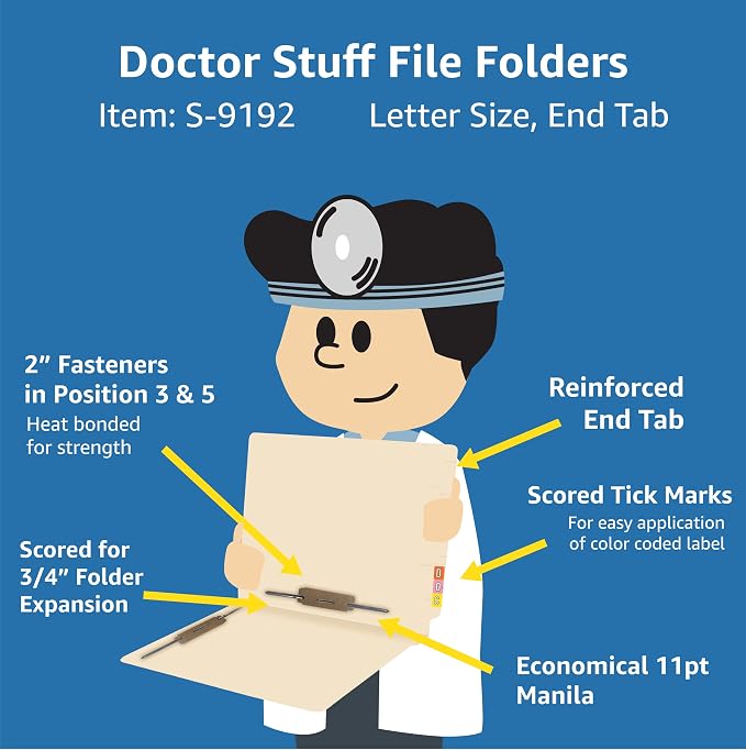 Manila File Folders, Doctor Stuff, Manila Letter Size Reinforced End Tab Folders with 2” Bonded Fastener on Inside Front and Back in Positions 3 & 5, 11 pt Manila Stock, Box of 50 - Image 2