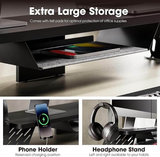 Fenge Dual Monitor Stand, Wooden Desk Shelf with Headphone & Phone Holder | 42.5" Monitor Riser with Storage Shelf, 2-Tier Monitor Shelf with Metal Leg for Home Office Organizer, Black - Image 3