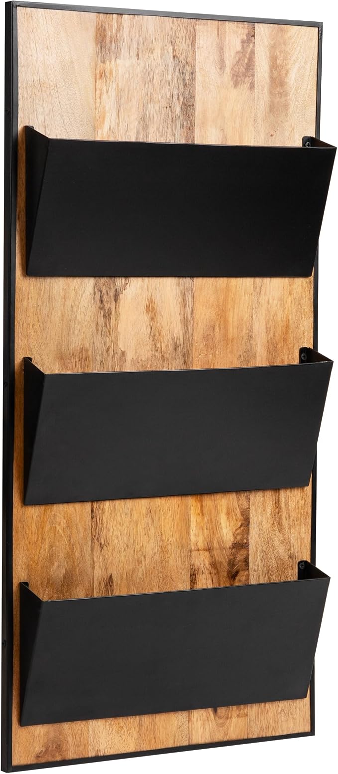 Mind Reader 3-Tier Wall-Mounted File Organizer, Wood and Metal Vertical Rack for Mail, Magazines, and Documents, Black - Image 7