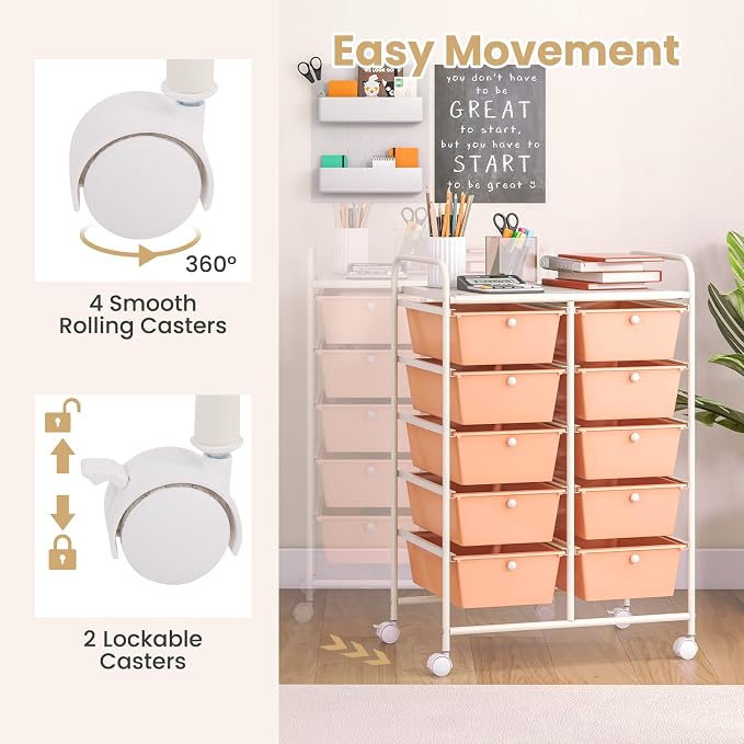 COSTWAY 10 Drawer Rolling Storage Cart, Utility Cart with Lockable Wheels | Mobile Art Supply Craft Organizer with Metal Frame, Multipurpose Drawer Cart for Paper for Office, School, Peach - Image 5