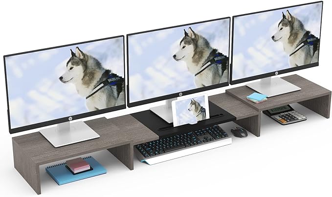 WESTREE Triple Dual Monitor Stand Riser, 56" Extra Long Monitor Stand for 1~2~3 Monitors, Monitor Stand with Length and Angle Adjustable, 3 Shelf Desktop Organizer Riser for Monitor Computer Laptop by WESTREE