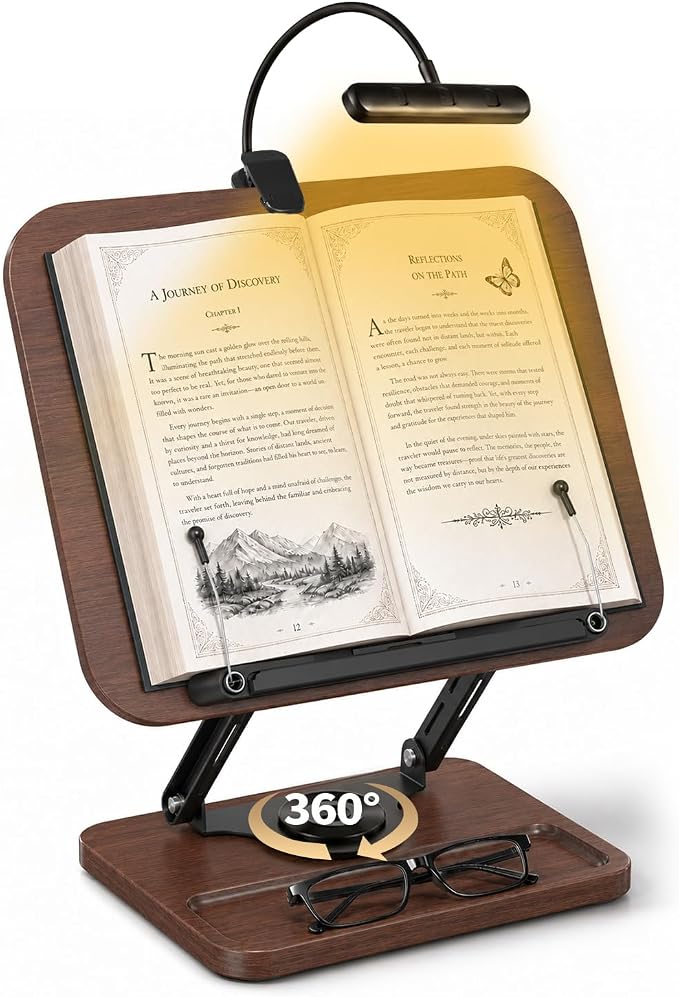 Adjustable Book Stand with Light, Book Holders for Reading Hands Free | Ergonomic Stand for Cookbooks, Bibles, Laptops & Tablets with Page Clips and 360° Rotation by Unknown